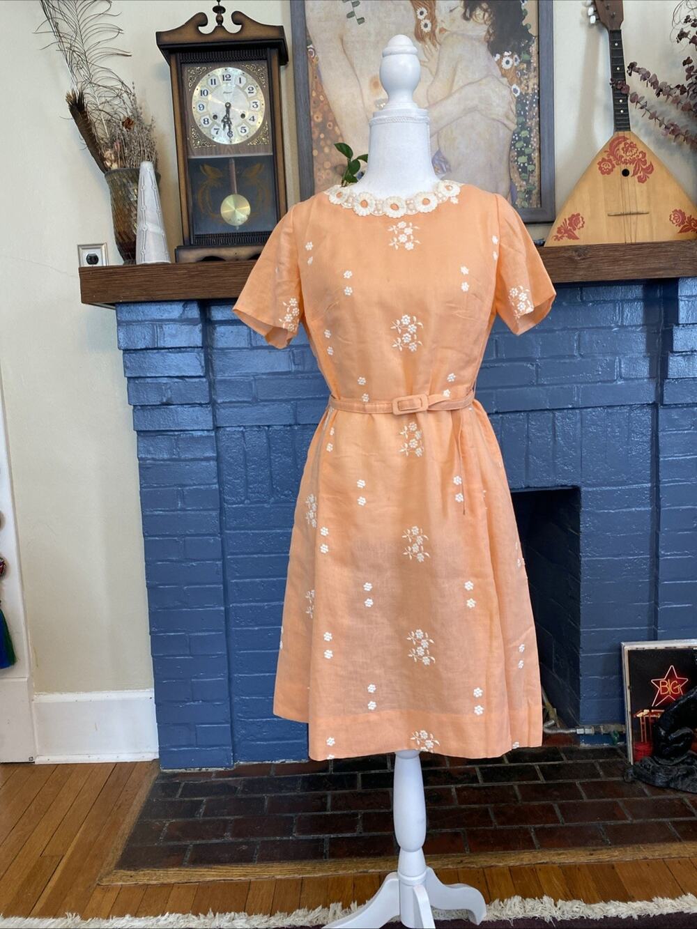 Vintage Amy Adams S Belted Embroidered Peach 1960s Mod Dress Fit Flare